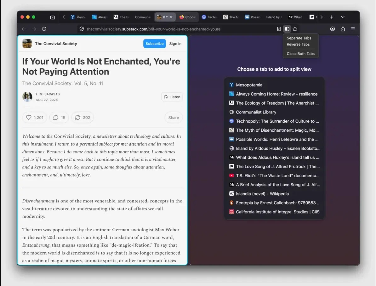 Το Split View σάς επιτρέπει να ανοίγετε δύο σελίδες δίπλα-δίπλα απλώς επιλέξτε καρτέλες και ενεργοποιήστε το (πηγή: firefox)